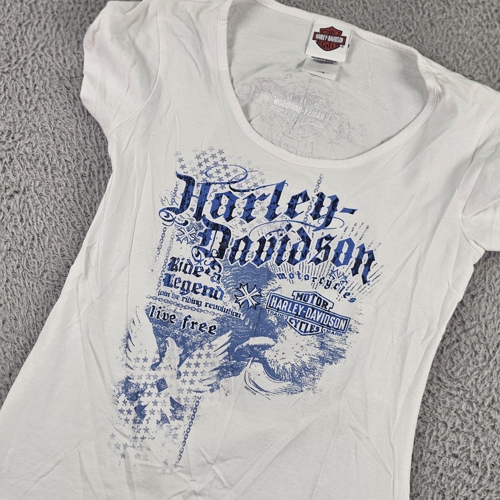 Harley-Davidson Shirt Womens Medium White Blue Graphic Dealer Cutout Back USA